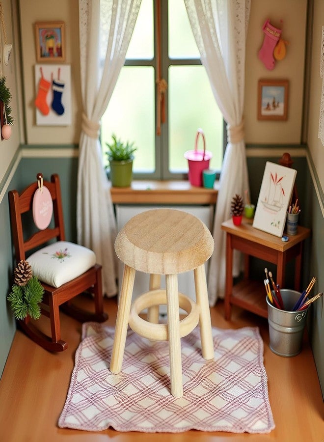 Kryoflare Miniature Wooden Stool, 1:12 Scale Furniture, DIY Living Room Accessories, Wooden Color Dollhouse Living Room, Dollhouse Accessories - Image 3